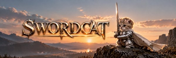 SWORDCAT in gold lettering beside an armored kitten with a cape, sword raised over a sunset mountain range